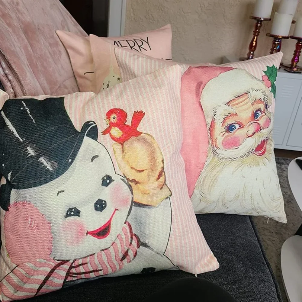 Christmas Pillow Covers Pink Santa Decoration Set Of 4 Accent Holiday Xmas Decor